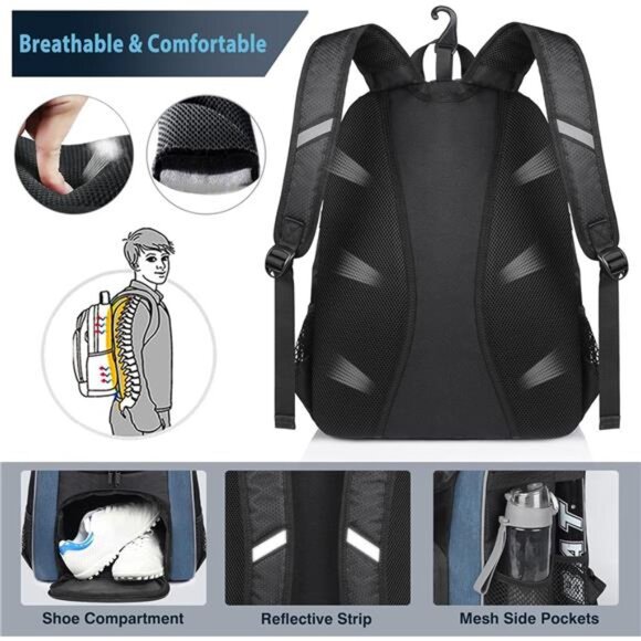 Baseball Backpack, Lightweight Softball Bags with Shoes Compartment for Men - Picture 4 of 7